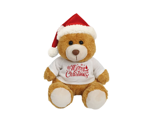 Golden Bear with Printed White T-shirt and Santa Hat