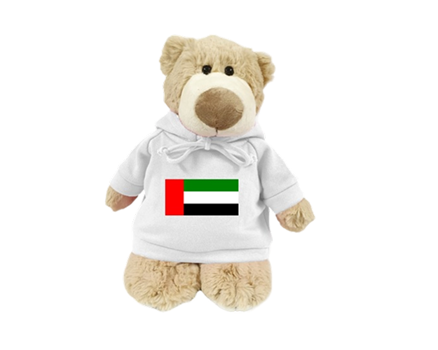 Mascot Bear with trendy White hoodie with UAE Flag – Flag size: H 5cm x L 10cm