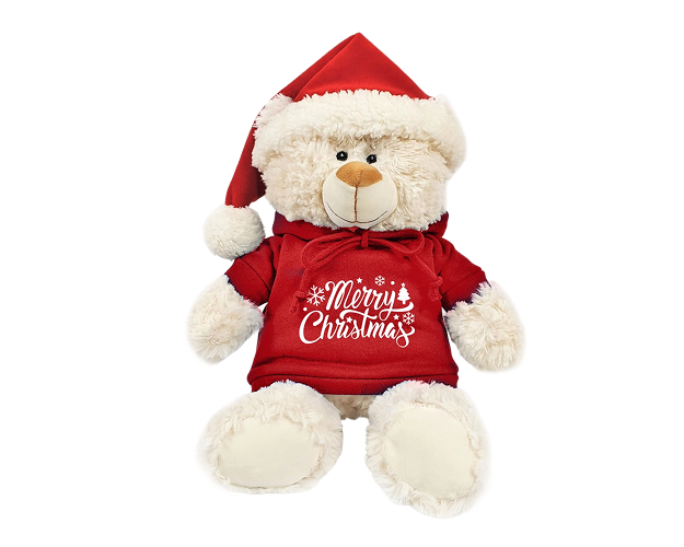 Cream Bear with Printed Hoodie and Santa Hat